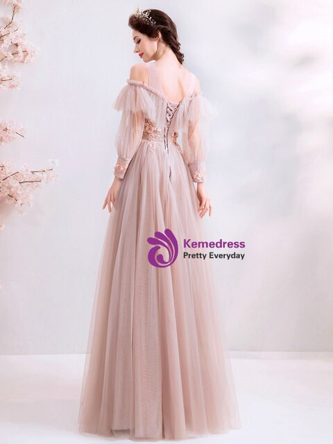 In Stock:Ship in 48 Hours Pink Long Sleeve Appliques Prom Dress
