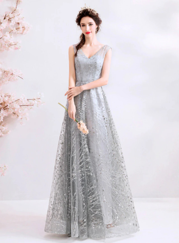 In Stock:Ship in 48 Hours Silver Sequins Prom Dress