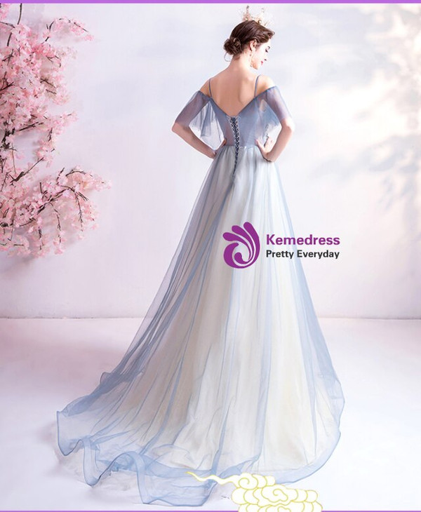 In Stock:Ship in 48 Hours Blue Tulle Appliques Beading Prom Dress