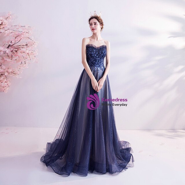 In Stock:Ship in 48 Hours Blue Strapless Appliques Prom Dress
