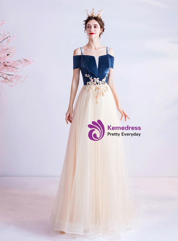 In Stock:Ship in 48 Hours Champagne Tulle Appliques Prom Dress