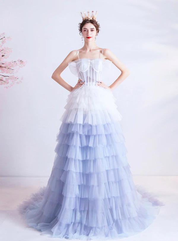 In Stock:Ship in 48 Hours Blue White Tulle Spaghetti Straps Prom Dress