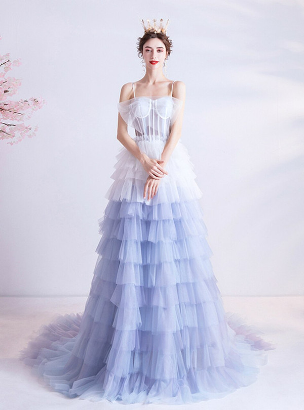 In Stock:Ship in 48 Hours Blue White Tulle Spaghetti Straps Prom Dress