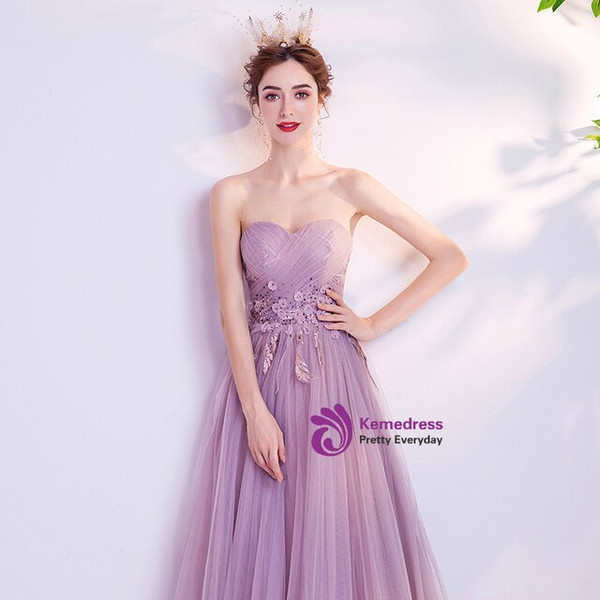 In Stock:Ship in 48 Hours Purple Tulle Pleats Strapless Prom Dress