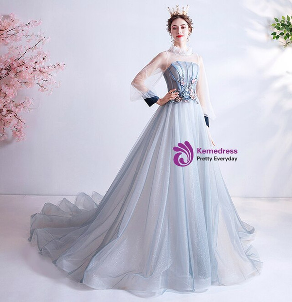 In Stock:Ship in 48 Hours Blue Illusion Appliques Prom Dress