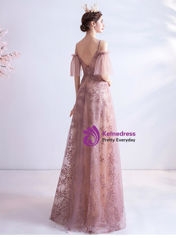 In Stock:Ship in 48 Hours Pink Sequins Beading V-neck Prom Dress