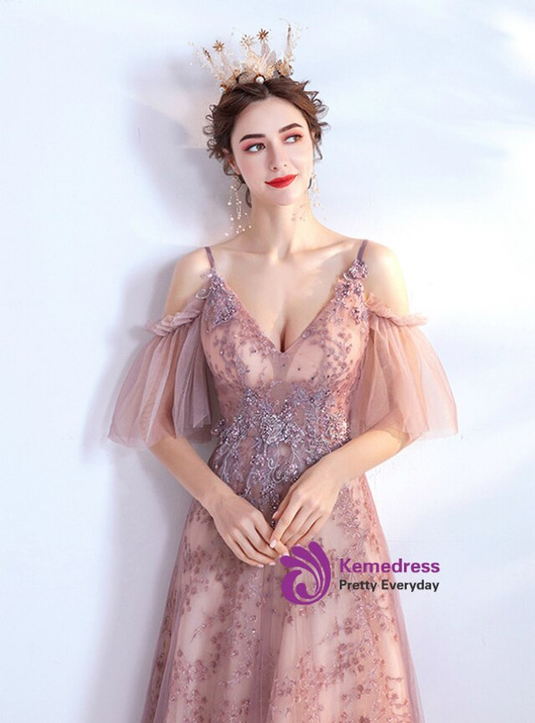 In Stock:Ship in 48 Hours Pink Sequins Beading V-neck Prom Dress