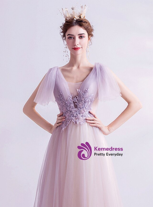In Stock:Ship in 48 Hours Light Purple Appliques Porm Dress