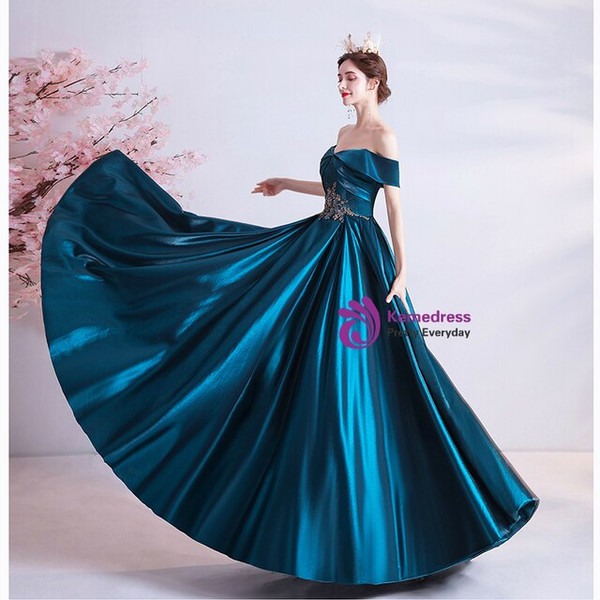 In Stock:Ship in 48 Hours Blue Satin Prom Dress With Pocket