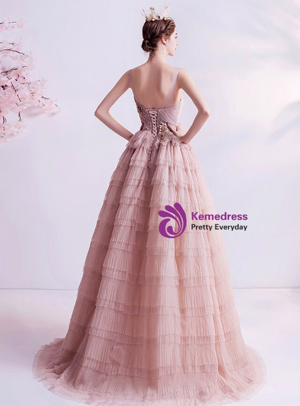In Stock:Ship in 48 Hours Pink Tulle Pleats Prom Dress