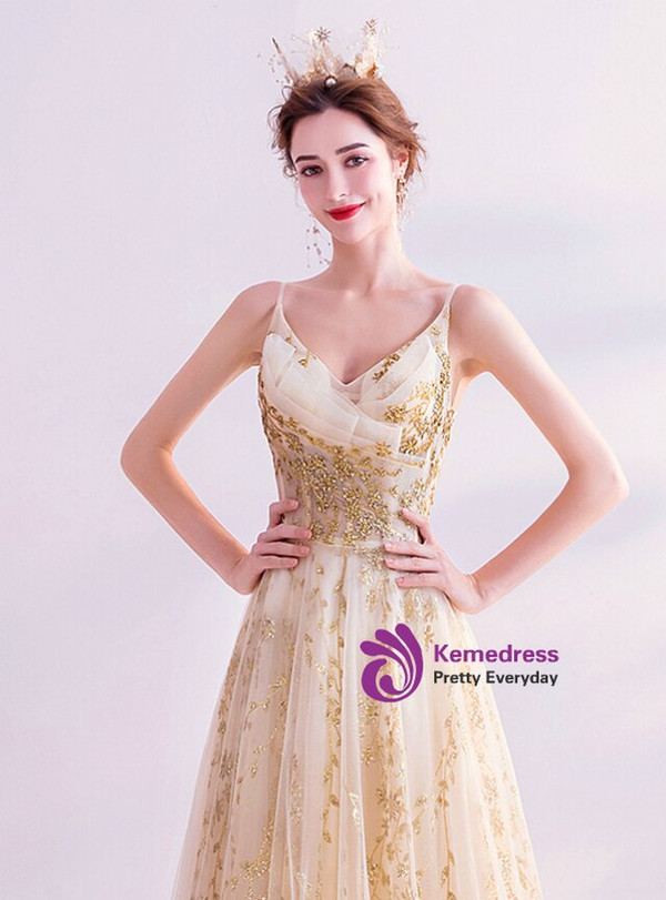In Stock:Ship in 48 Hours Gold Sequins Long Prom Dress