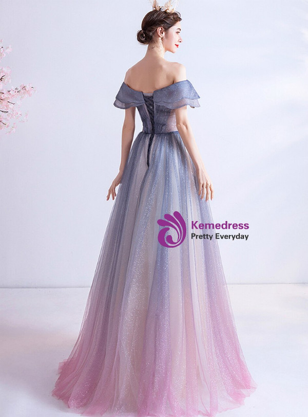 In Stock:Ship in 48 Hours Blue Purple Off the Shoulder Prom Dress