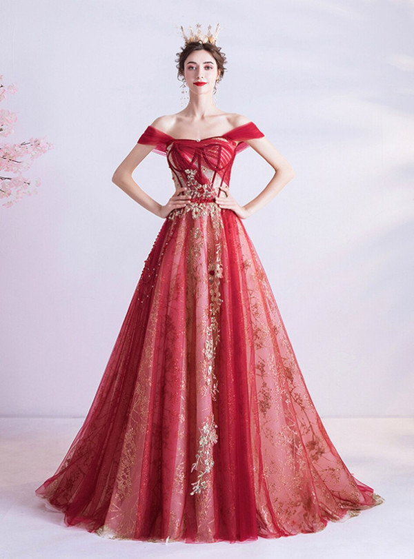 In Stock:Ship in 48 Hours Red Sequins Appliques Prom Dress