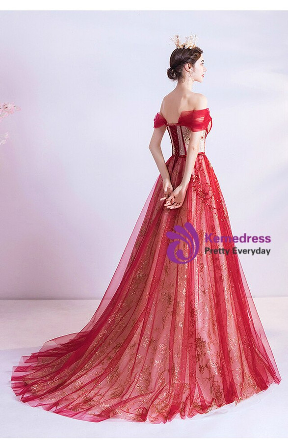 In Stock:Ship in 48 Hours Red Sequins Appliques Prom Dress