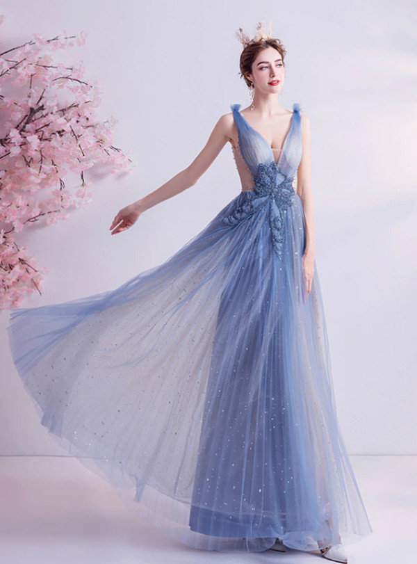 In Stock:Ship in 48 Hours Sexy Blue Tulle Backless Beading Prom Dress