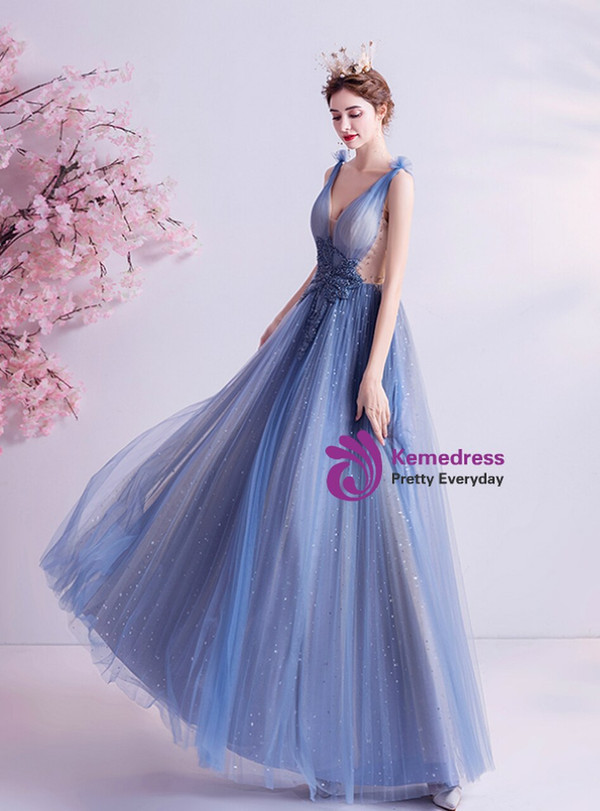 In Stock:Ship in 48 Hours Sexy Blue Tulle Backless Beading Prom Dress