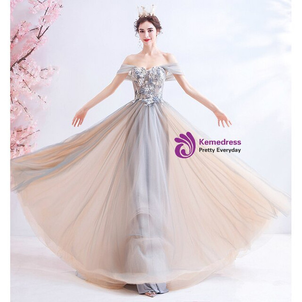 In Stock:Ship in 48 Hours Champagne Gray Tulle Appliques Beading Prom Dress