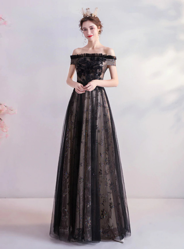 In Stock:Ship in 48 Hours Black Tulle Sequins Prom Dress
