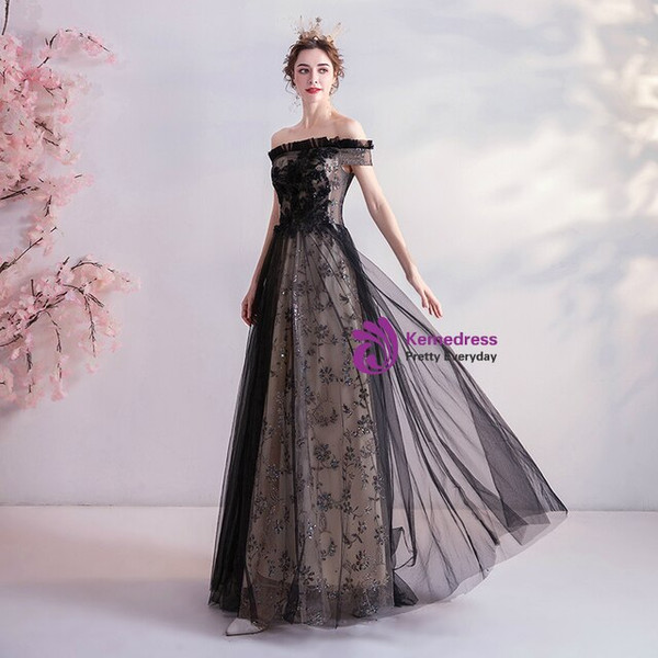 In Stock:Ship in 48 Hours Black Tulle Sequins Prom Dress
