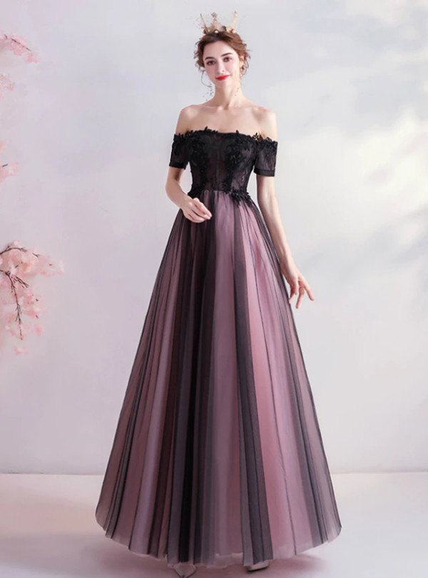 In Stock:Ship in 48 Hours Black Tulle Appliques Prom Dress