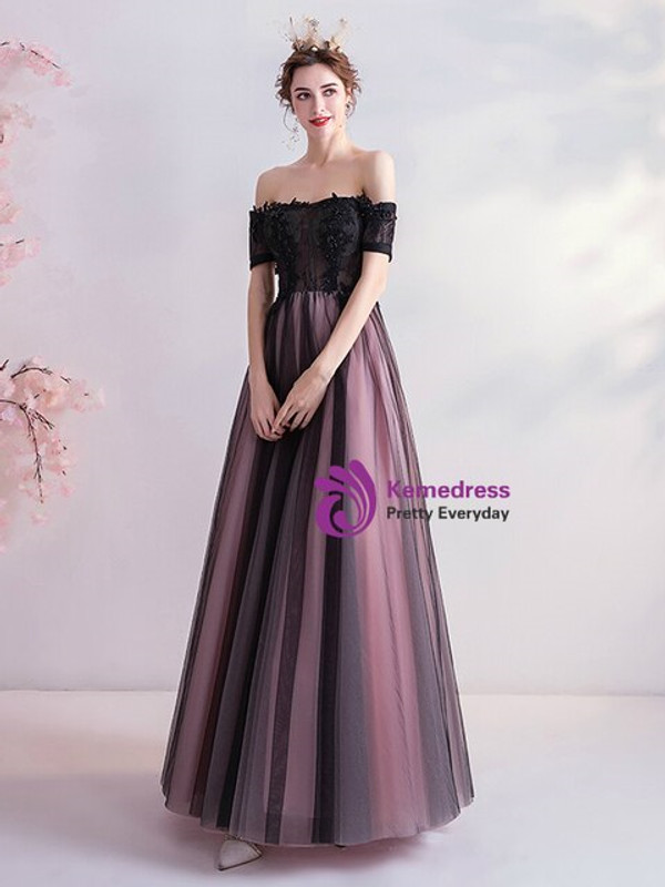 In Stock:Ship in 48 Hours Black Tulle Appliques Prom Dress