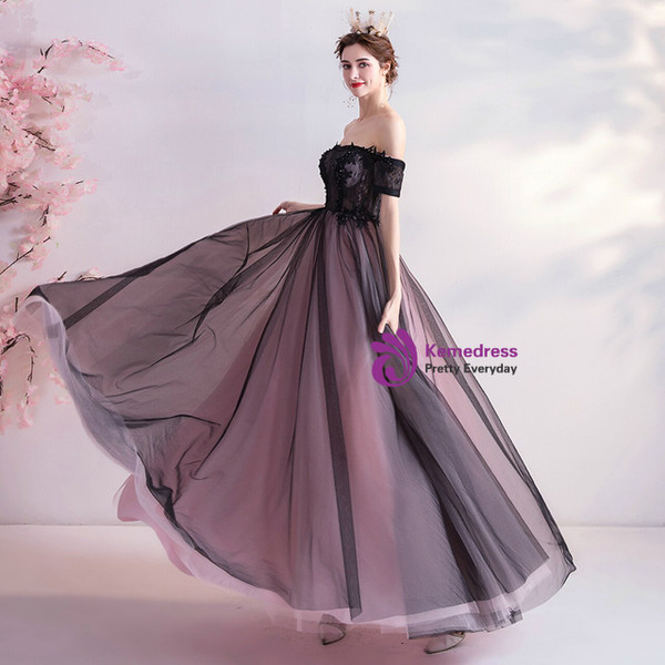 In Stock:Ship in 48 Hours Black Tulle Appliques Prom Dress