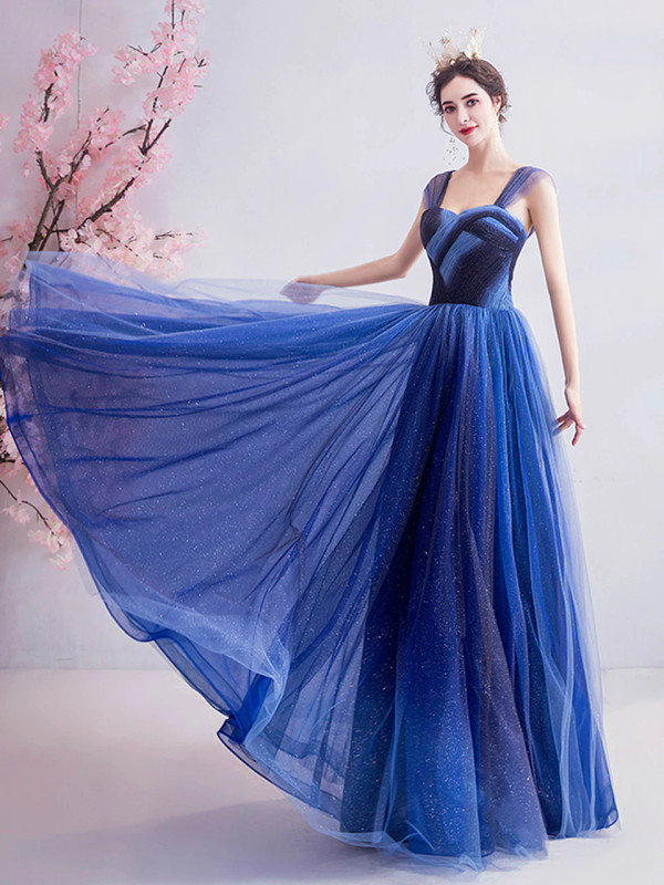 In Stock:Ship in 48 Hours Blue Sequins Tulle Pleats Prom Dress