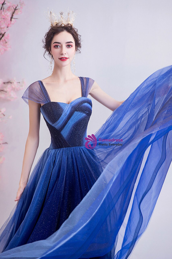 In Stock:Ship in 48 Hours Blue Sequins Tulle Pleats Prom Dress