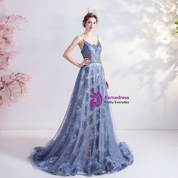 In Stock:Ship in 48 Hours Sexy Blue Tulle Sequins Prom Dress