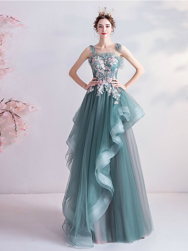 In Stock:Ship in 48 Hours Green Straps Appliques Prom Dress