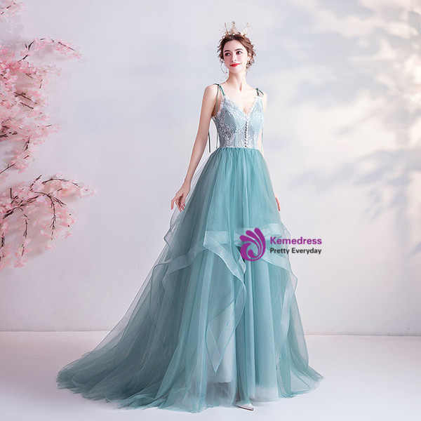 In Stock:Ship in 48 Hours Tulle Lace Button Prom Dress
