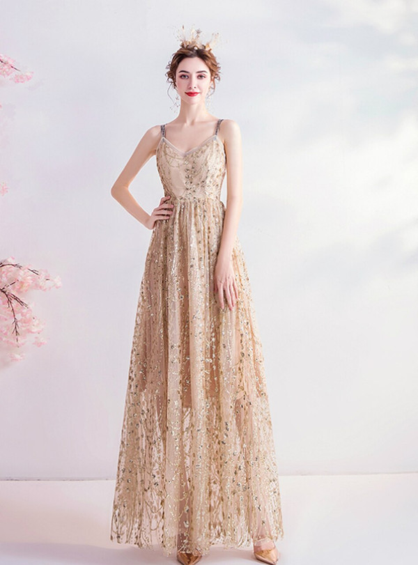 In Stock:Ship in 48 Hours Gold Sequins Straps Prom Dress