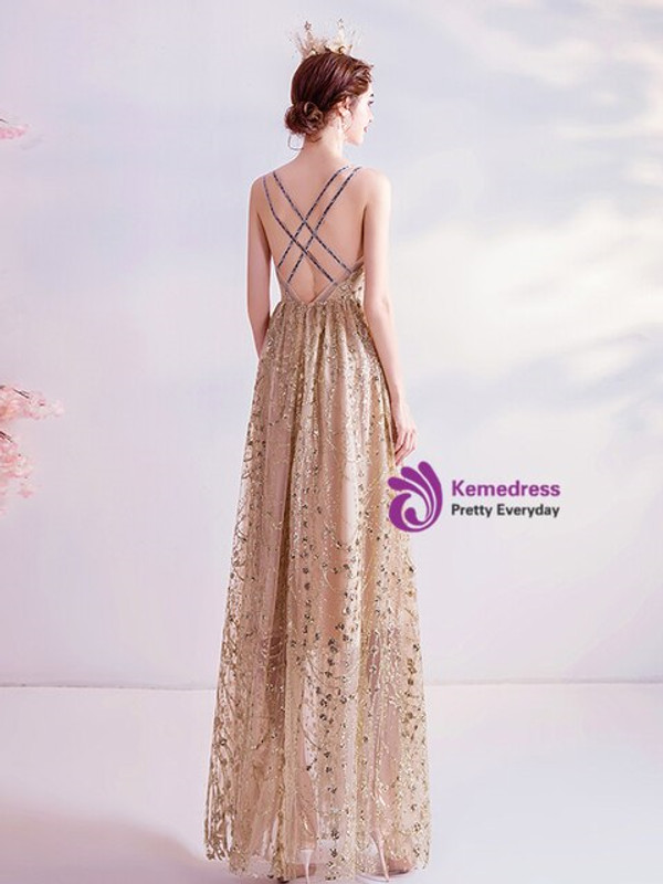 In Stock:Ship in 48 Hours Gold Sequins Straps Prom Dress