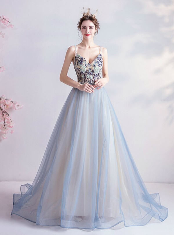 In Stock:Ship in 48 Hours Sexy Blue Tulle Beading Prom Dress