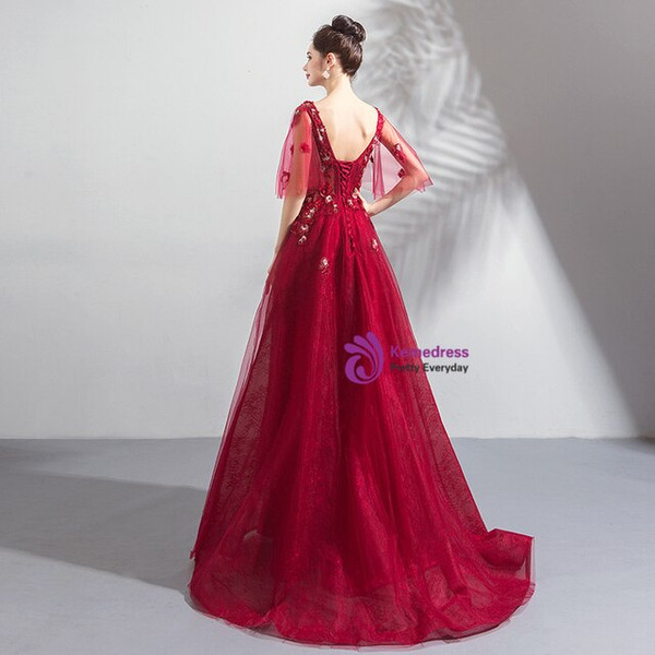 In Stock:Ship in 48 Hours Burgundy V-neck Appliques Porm Dress