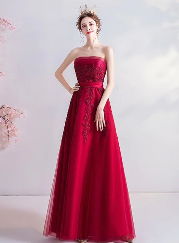 In Stock:Ship in 48 Hours Burgundy Strapless Appliques Prom Dress