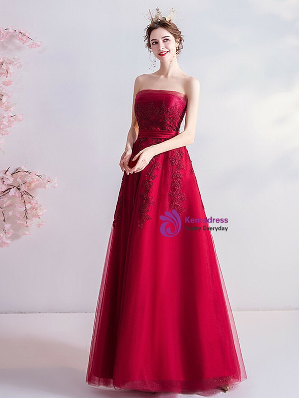 In Stock:Ship in 48 Hours Burgundy Strapless Appliques Prom Dress