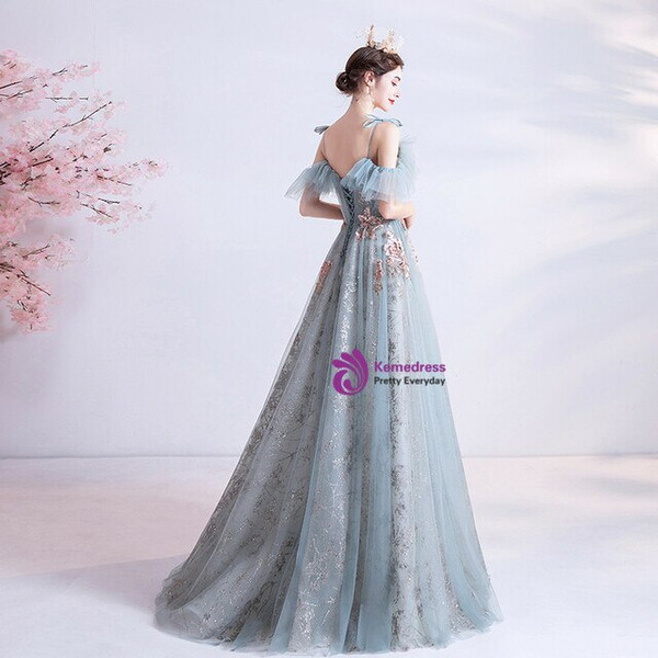 In Stock:Ship in 48 Hours A-Line Blue Tulle Sequins Appliques Prom Dress