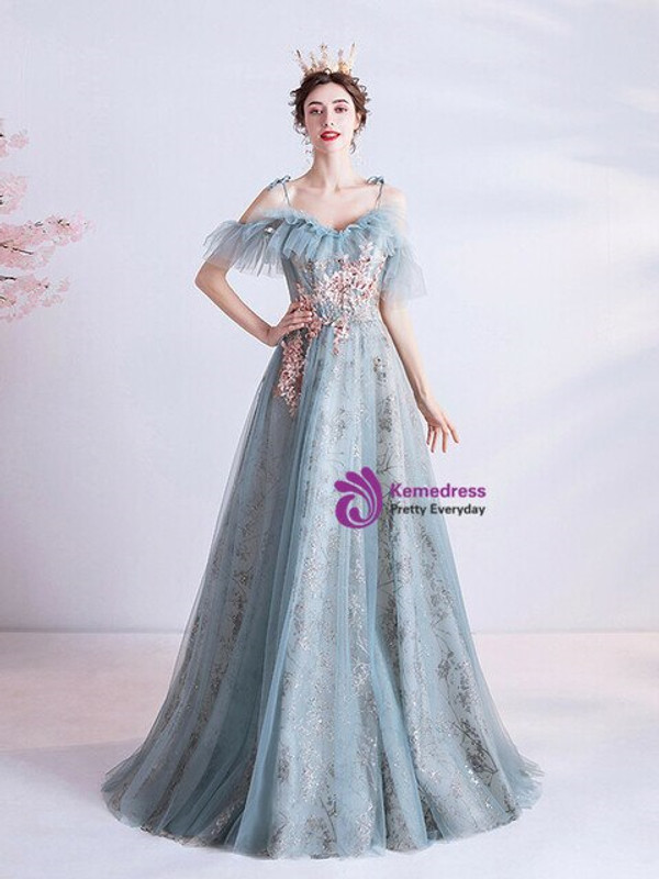 In Stock:Ship in 48 Hours A-Line Blue Tulle Sequins Appliques Prom Dress