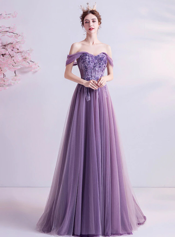 In Stock:Ship in 48 Hours Purple Tulle Appliques Beading Prom Dress