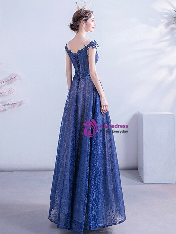 In Stock:Ship in 48 Hours Blue Lace Cap Sleeve Prom Dress