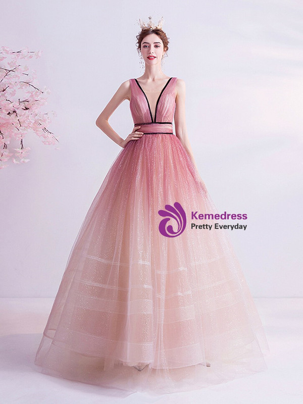 In Stock:Ship in 48 Hours Pink Sequins Illusion V-neck Prom Dress