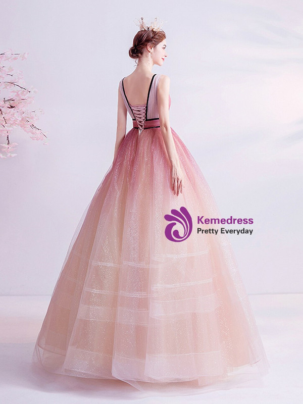 In Stock:Ship in 48 Hours Pink Sequins Illusion V-neck Prom Dress
