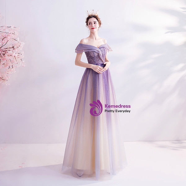 In Stock:Ship in 48 Hours Purple Sequins Beading Off the Shoulder Prom Dress