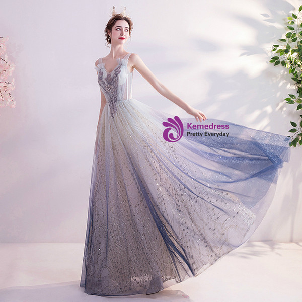 In Stock:Ship in 48 Hours Blue Tulle V-neck Prom Dress