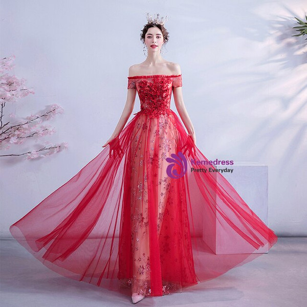 In Stock:Ship in 48 Hours Red Sequins Appliques Beading Prom Dress