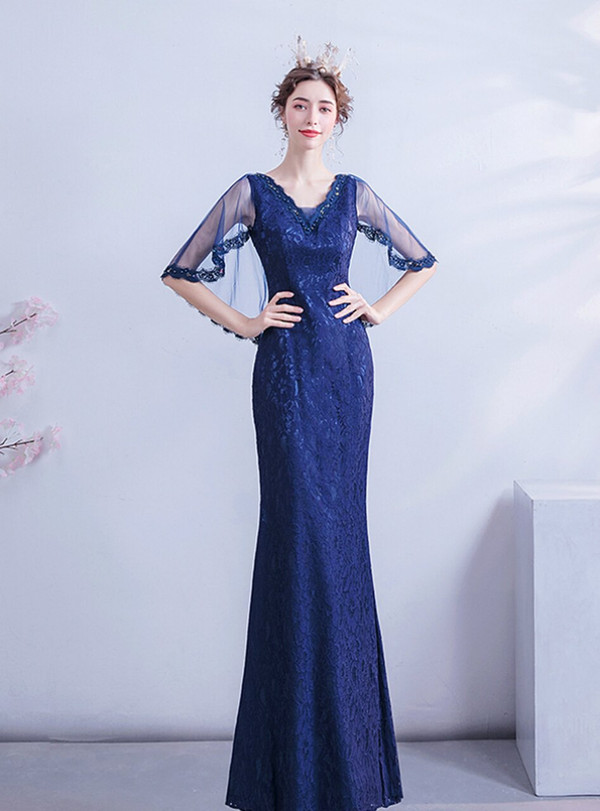 In Stock:Ship in 48 Hours Navy Blue Lace V-neck Prom Dress