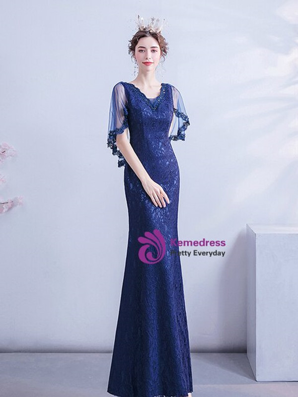 In Stock:Ship in 48 Hours Navy Blue Lace V-neck Prom Dress