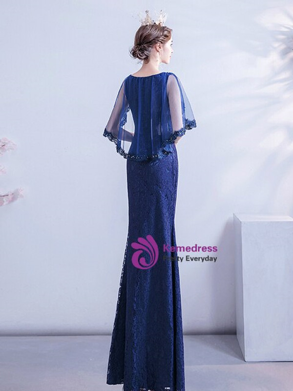 In Stock:Ship in 48 Hours Navy Blue Lace V-neck Prom Dress