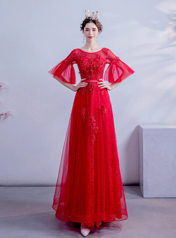 In Stock:Ship in 48 Hours Red Tulle Appliques Short Sleeve Prom Dress